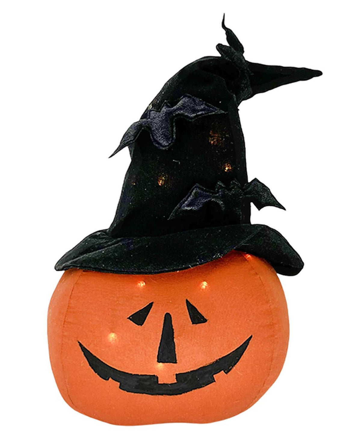 An orange jack-o'-lantern pumpkin with a carved black face, wearing a black witch hat with bat details, isolated on a white background.