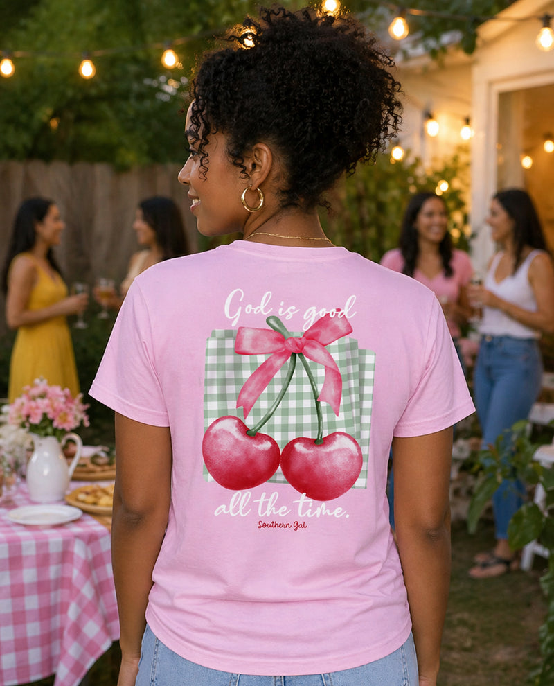 Southern Gal Cherries Short Sleeve Screen Tee Lt Pink