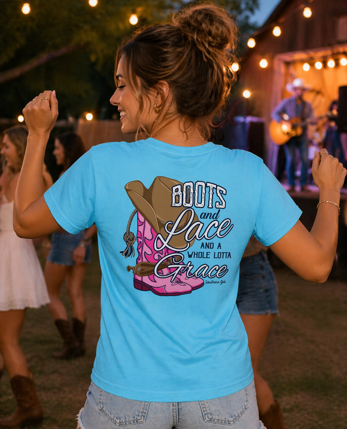 Southern Gal Boot Lace Short Sleeve Screen Tee Sky Blue
