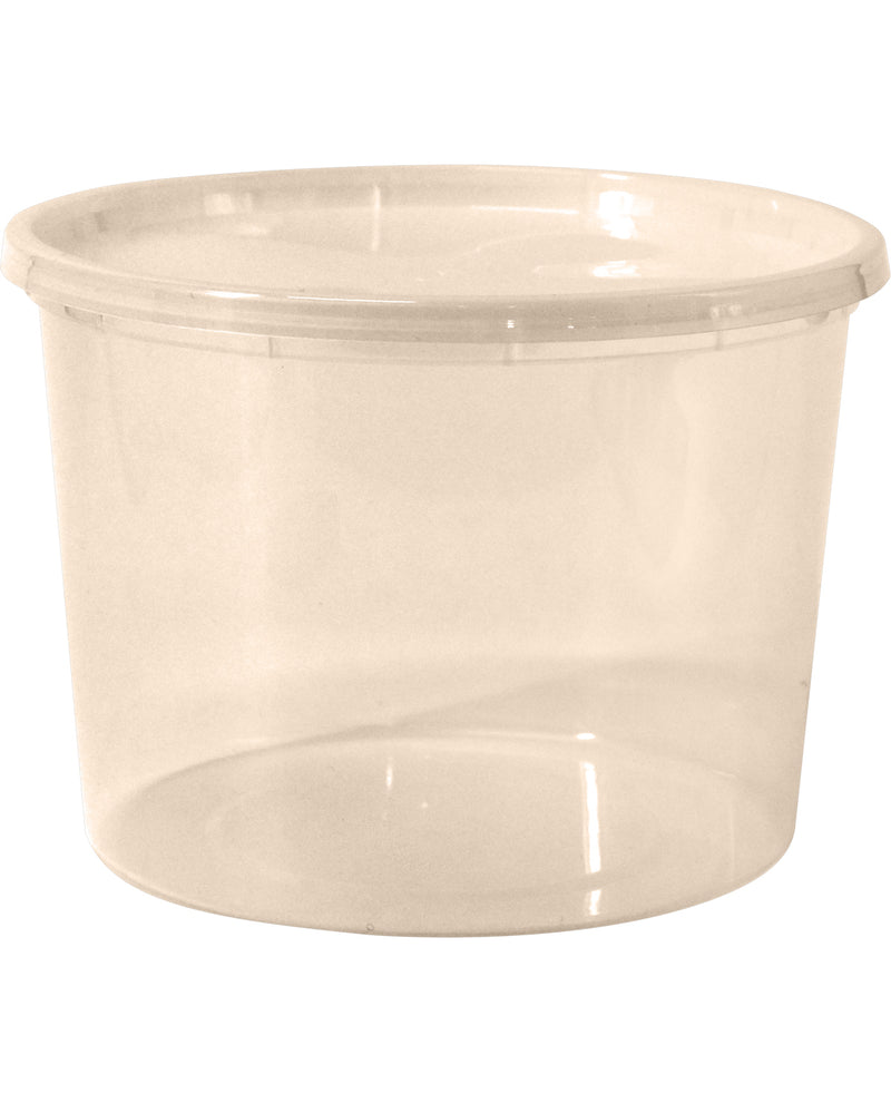 A clear plastic round container with a matching transparent lid, shown against a plain white background.