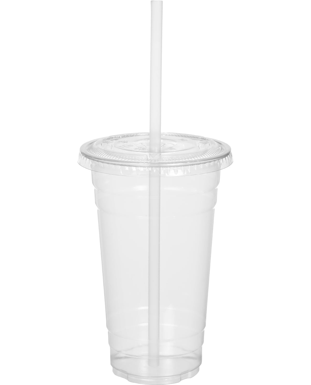 A clear plastic 16 oz tumbler cup with a matching clear plastic lid and a white straw, shown against a plain white background.