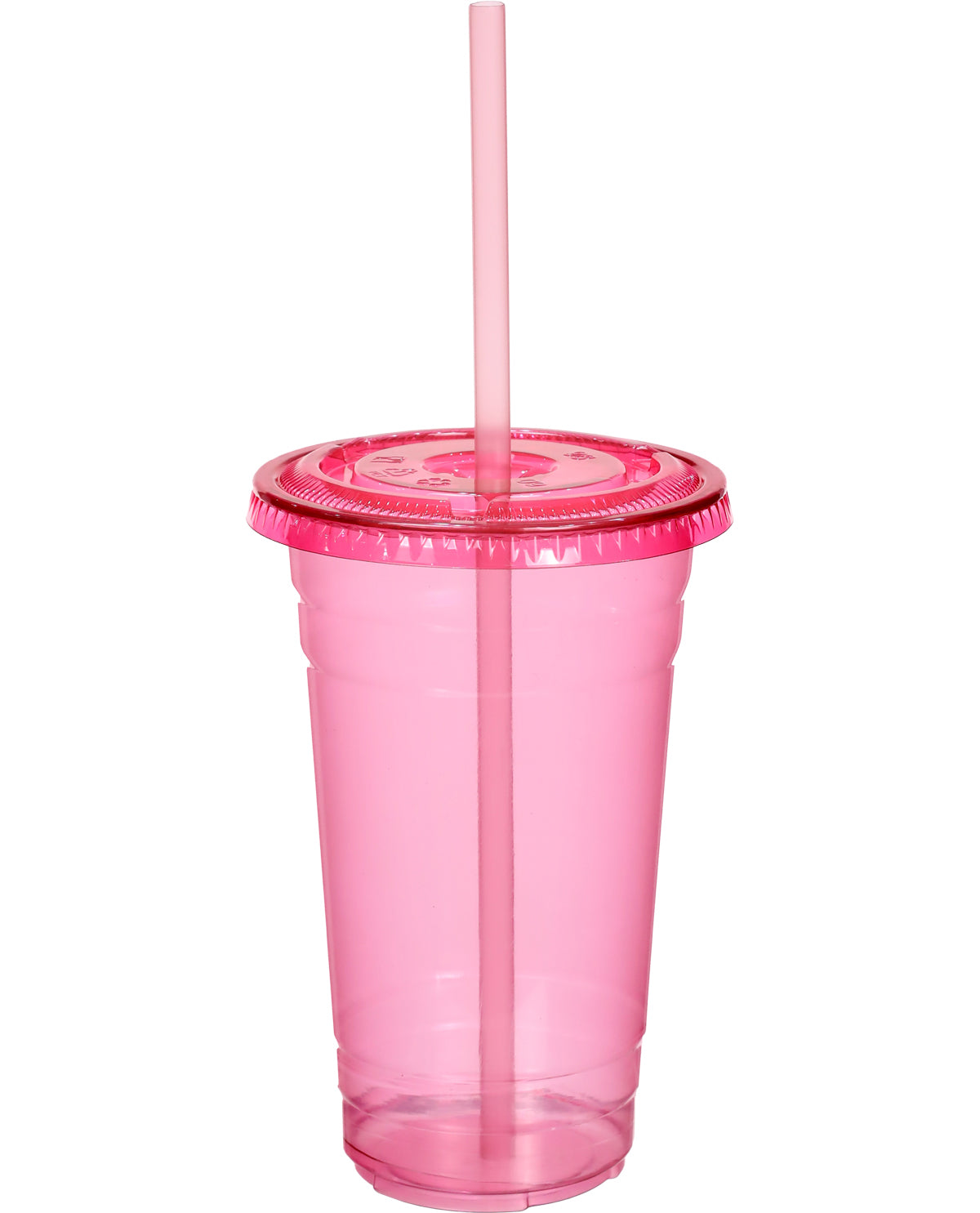 A translucent pink plastic tumbler cup with a matching pink lid and a single pink straw, shown on a plain white background.
