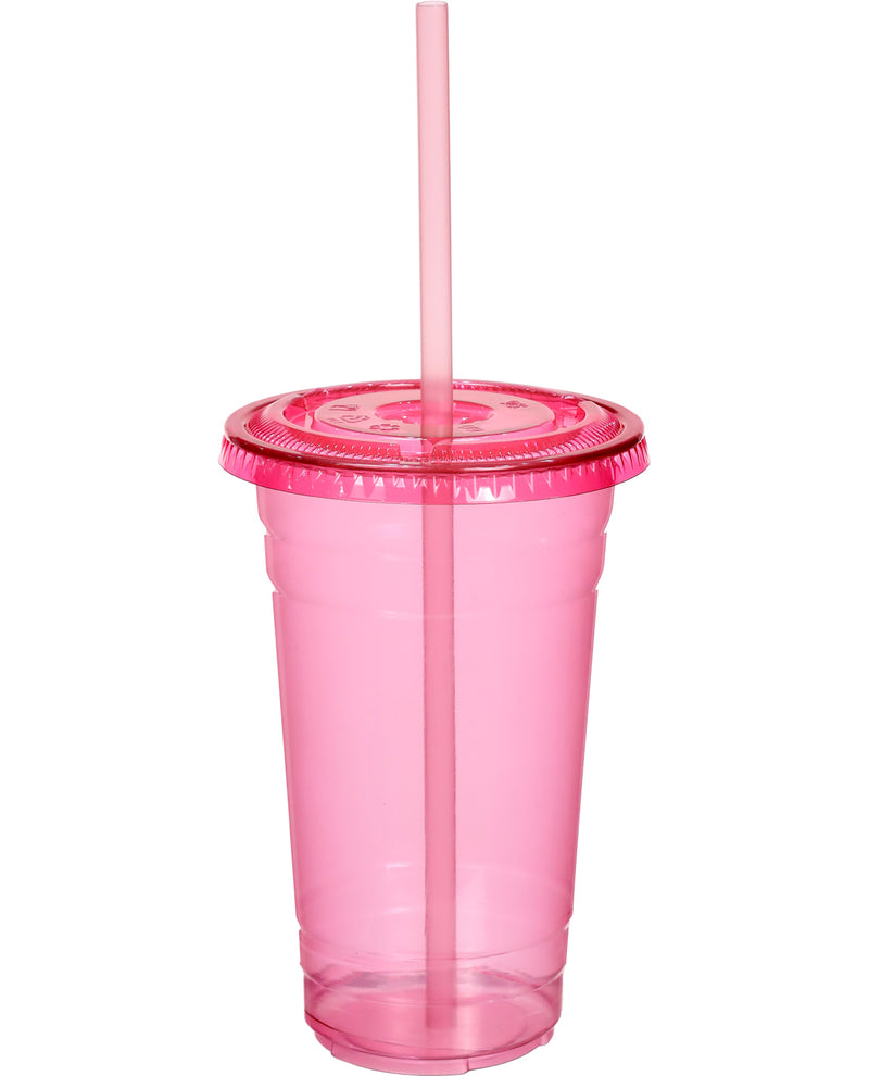A translucent pink plastic tumbler cup with a matching pink lid and a single pink straw, shown on a plain white background.