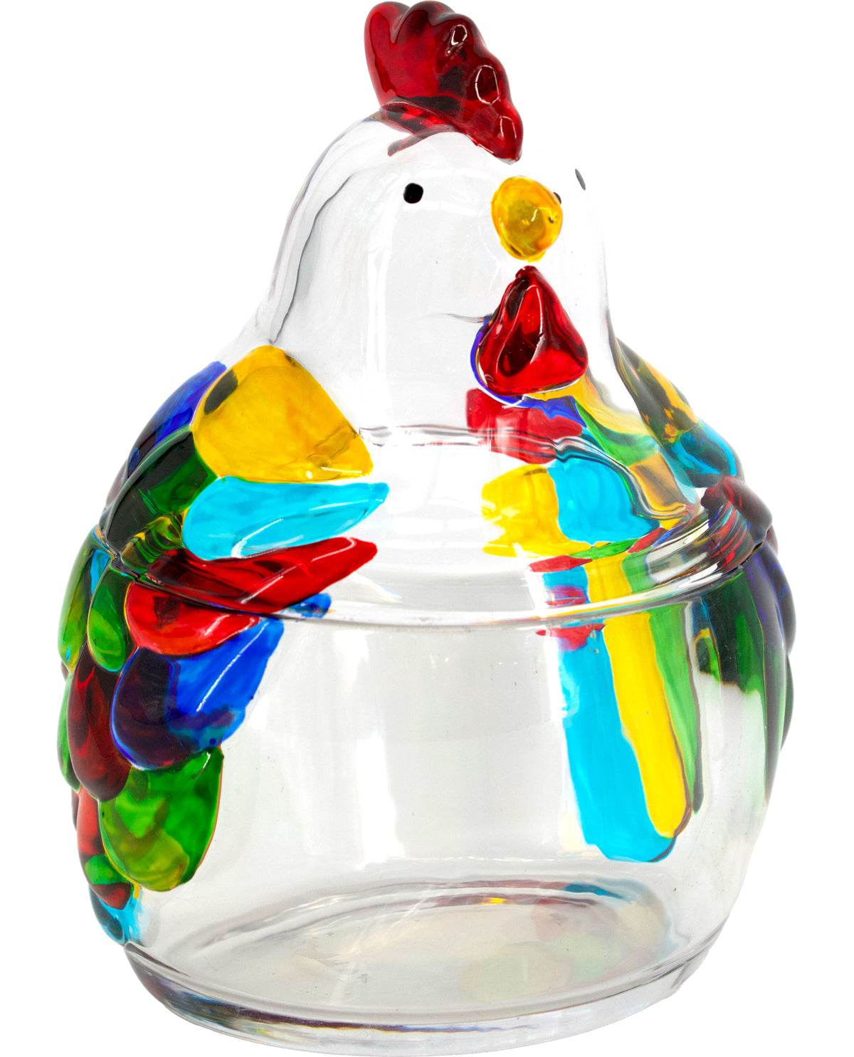 A clear glass chicken-shaped container with a transparent body and colorful hand-blown glass accents in red, yellow, blue, green, and purple, shown on a white background.
