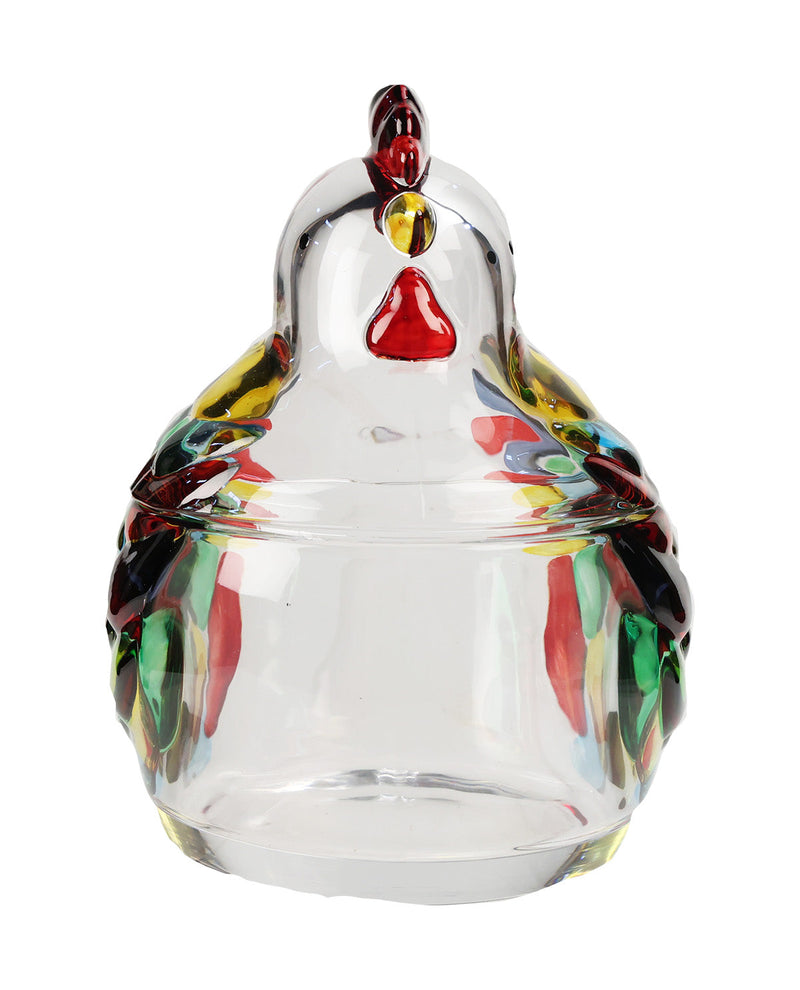 A clear glass chicken figurine with multicolored accents including red, yellow, green, and black, shown on a plain white background.