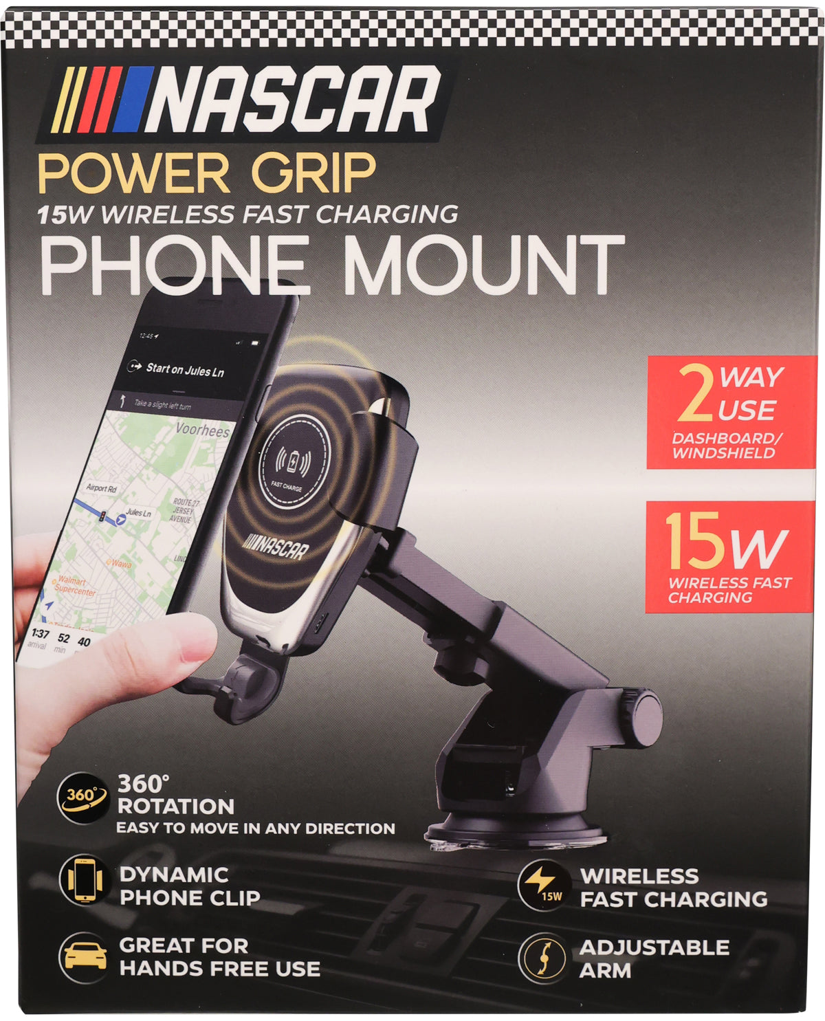 NASCAR Power Grip phone mount packaging with phone and mount illustration.