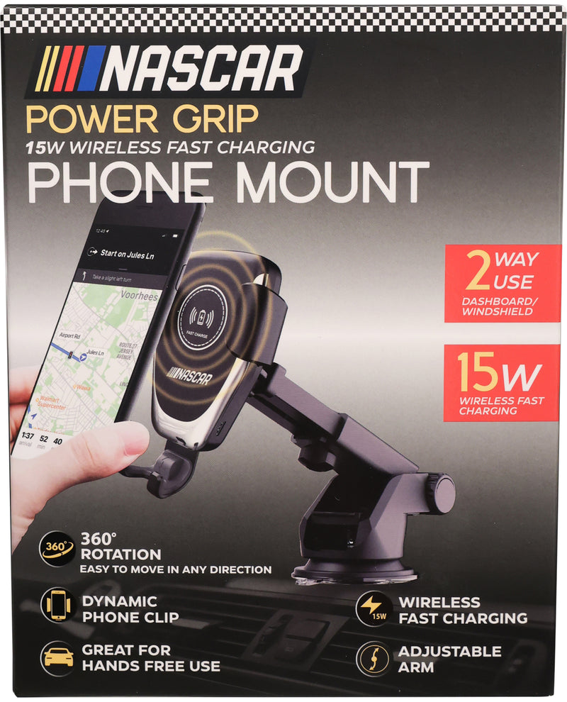 NASCAR Power Grip phone mount packaging with phone and mount illustration.