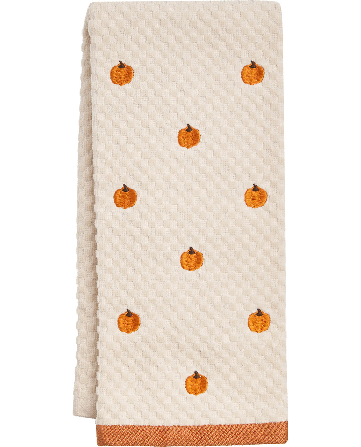 Beige quilt with orange pumpkin patterns on a white background