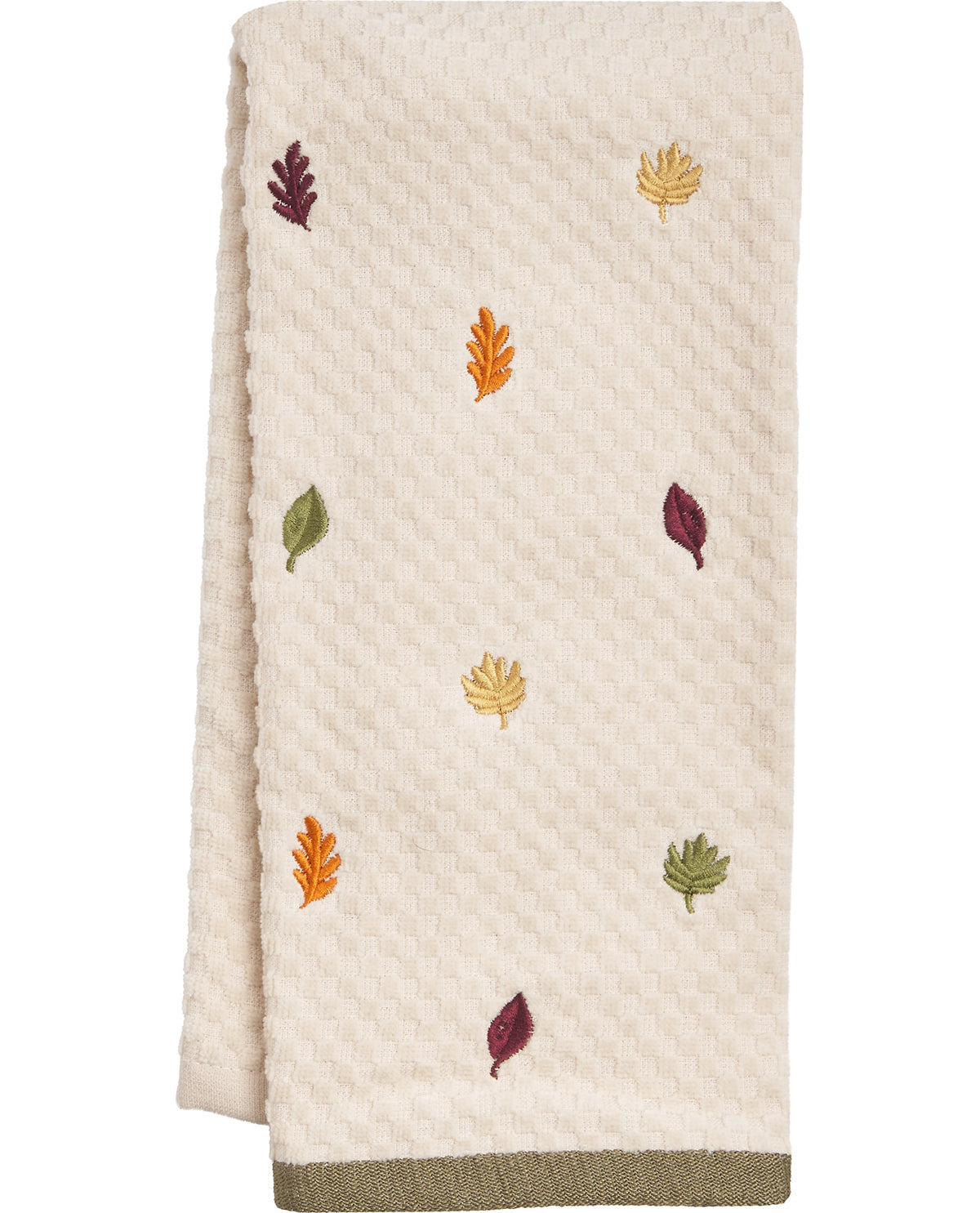 Beige towel with embroidered autumn leaves on a white background