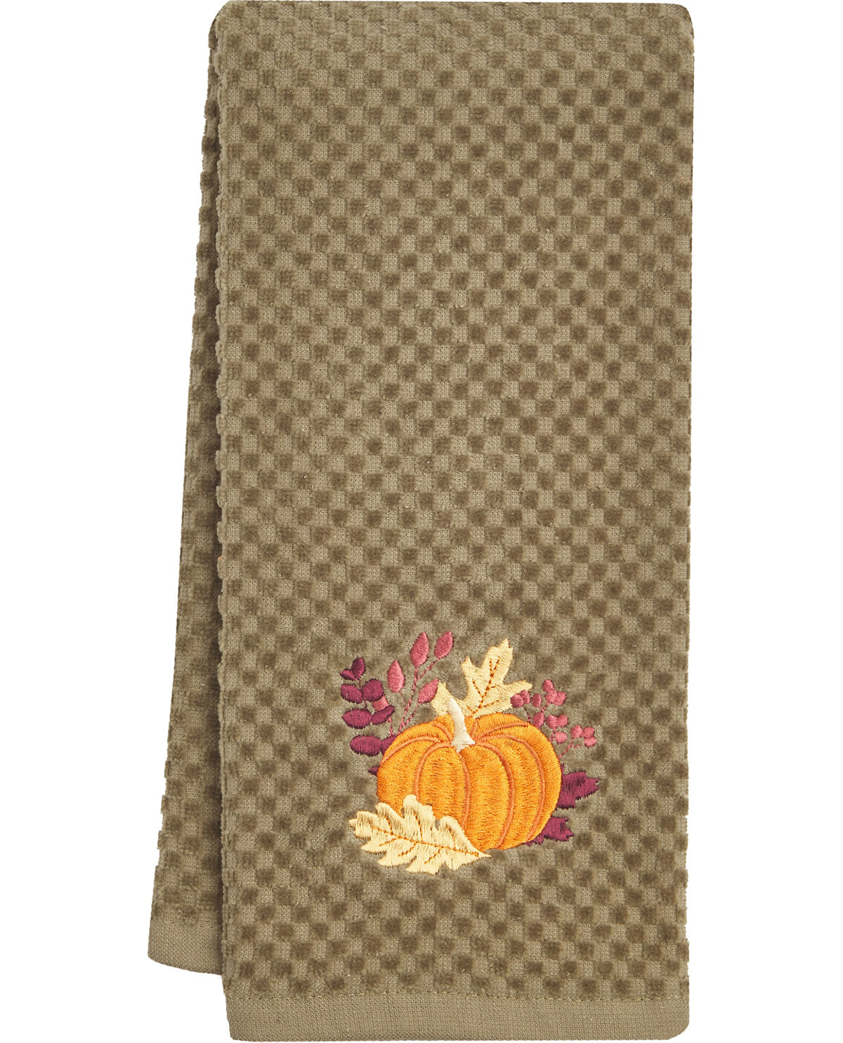 Checkered towel with embroidered pumpkin design on a white background