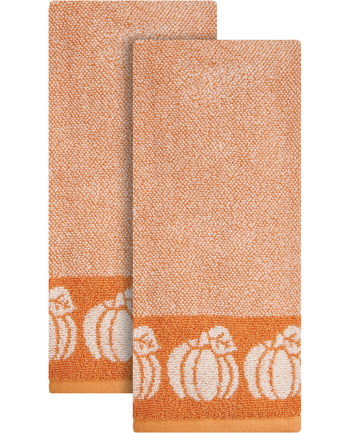 Two orange towels with white pumpkin designs on a white background