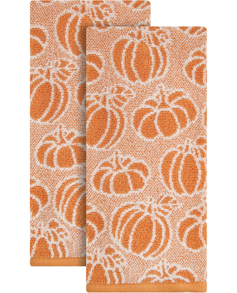 Two orange and beige patterned towels with pumpkins on a white background