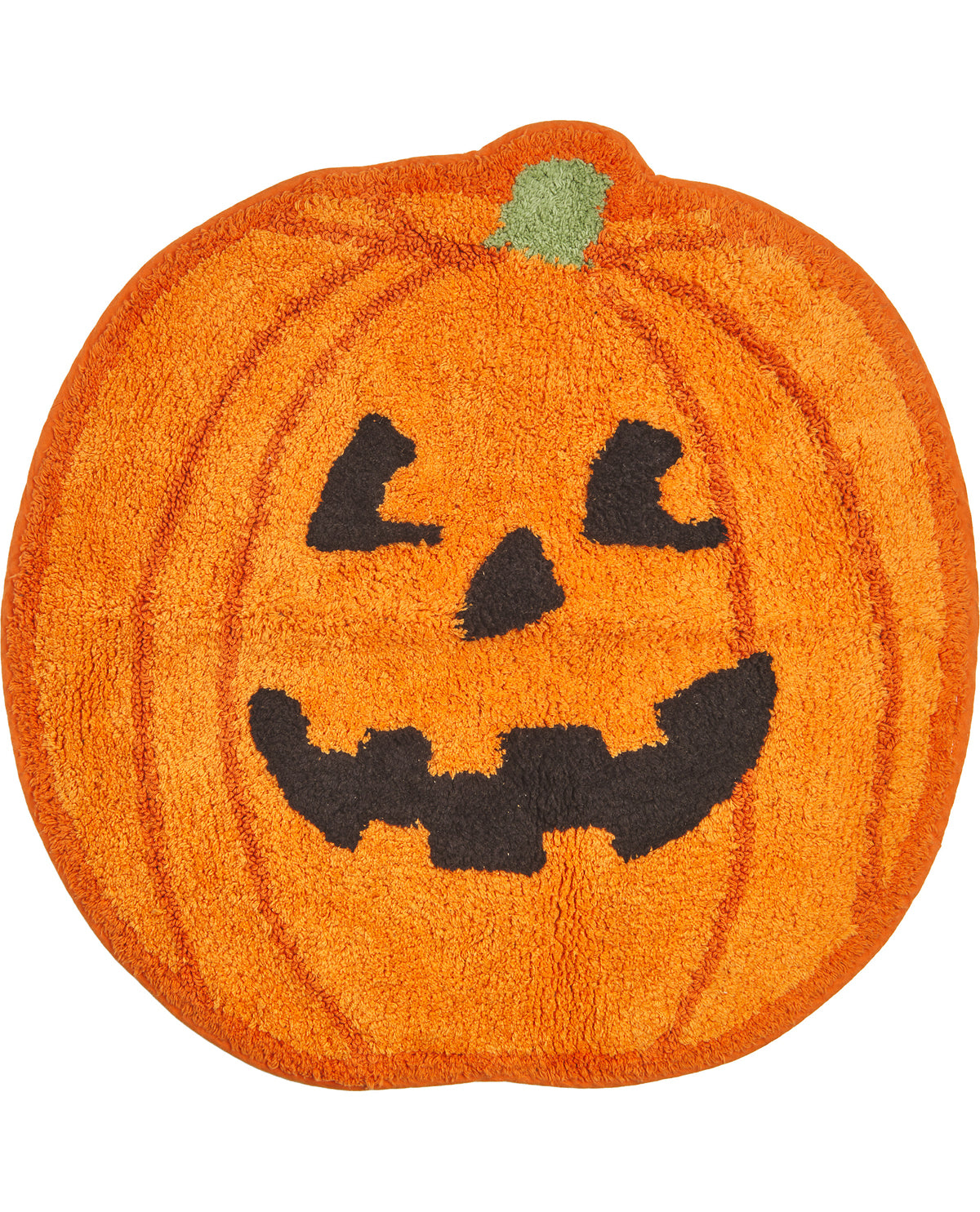 Orange pumpkin-shaped bath mat with a jack-o'-lantern face on a white background