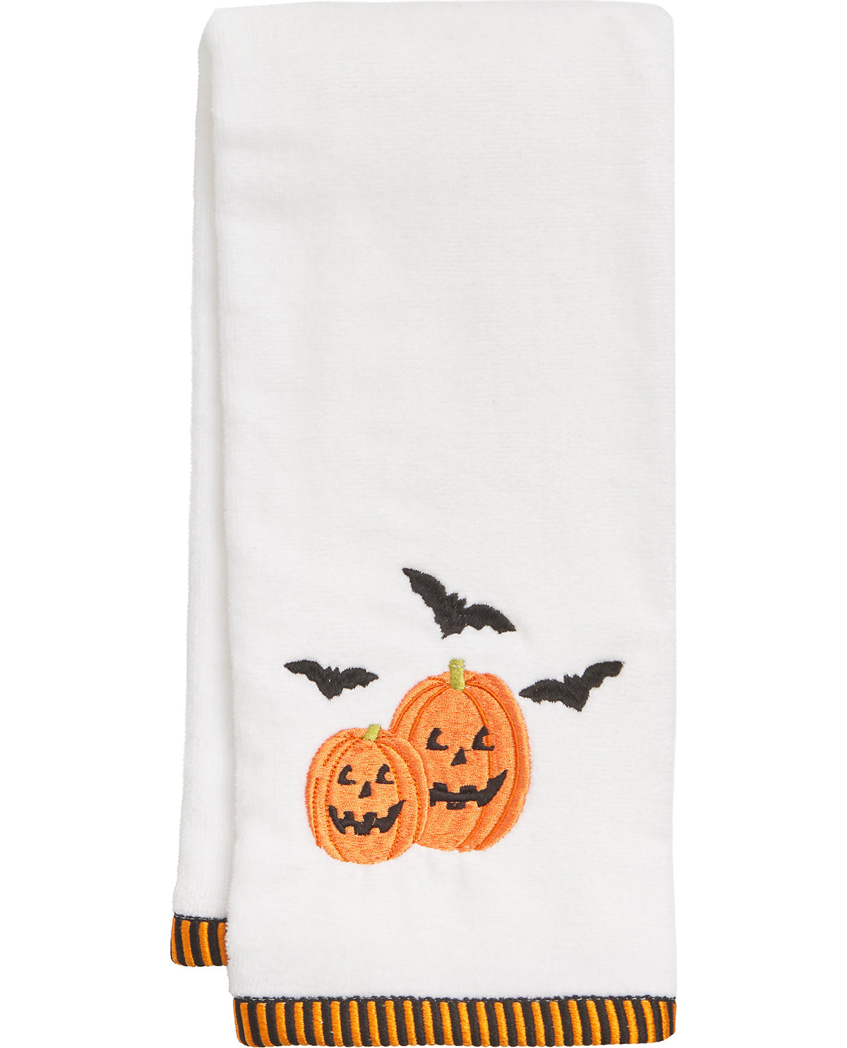 Halloween-themed kitchen towel with pumpkins and bats on a white background