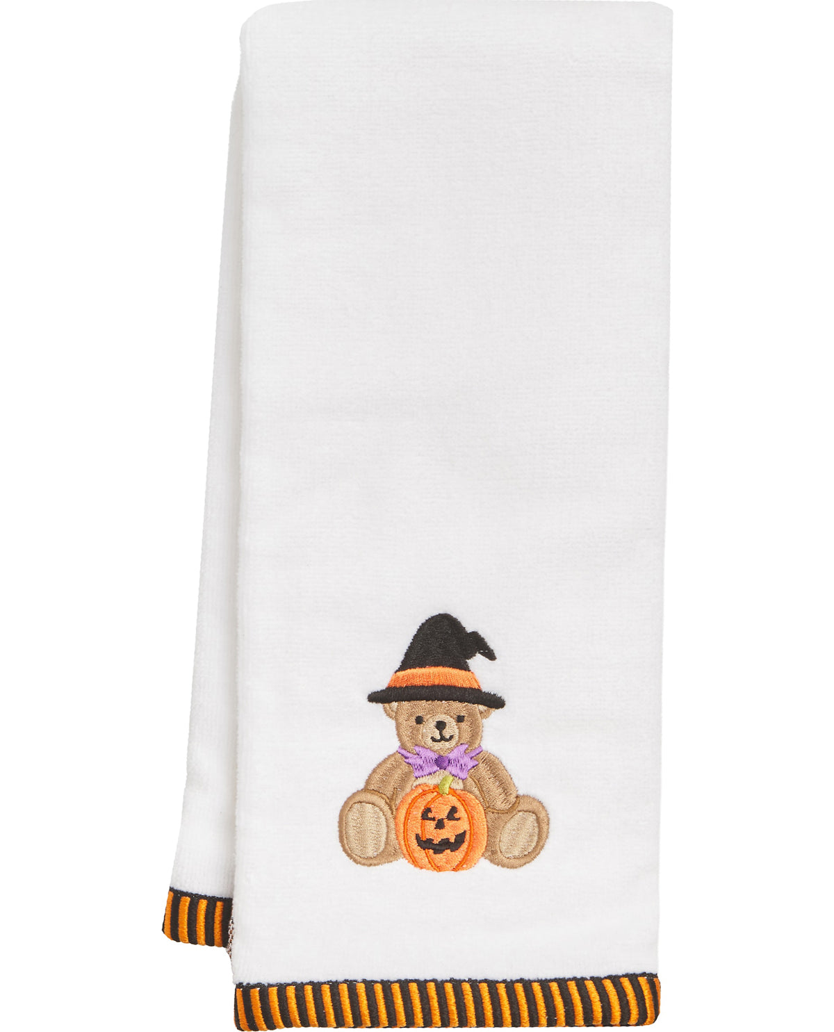 White towel with a Halloween-themed teddy bear design on a white background