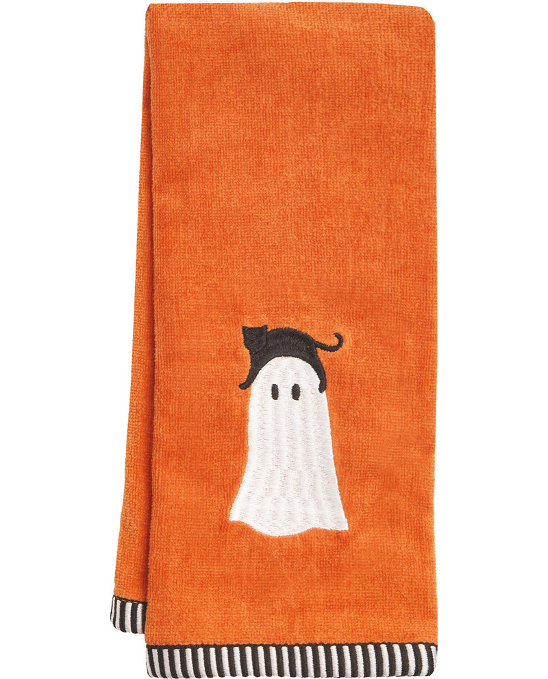 Orange towel with a ghost design on a white background