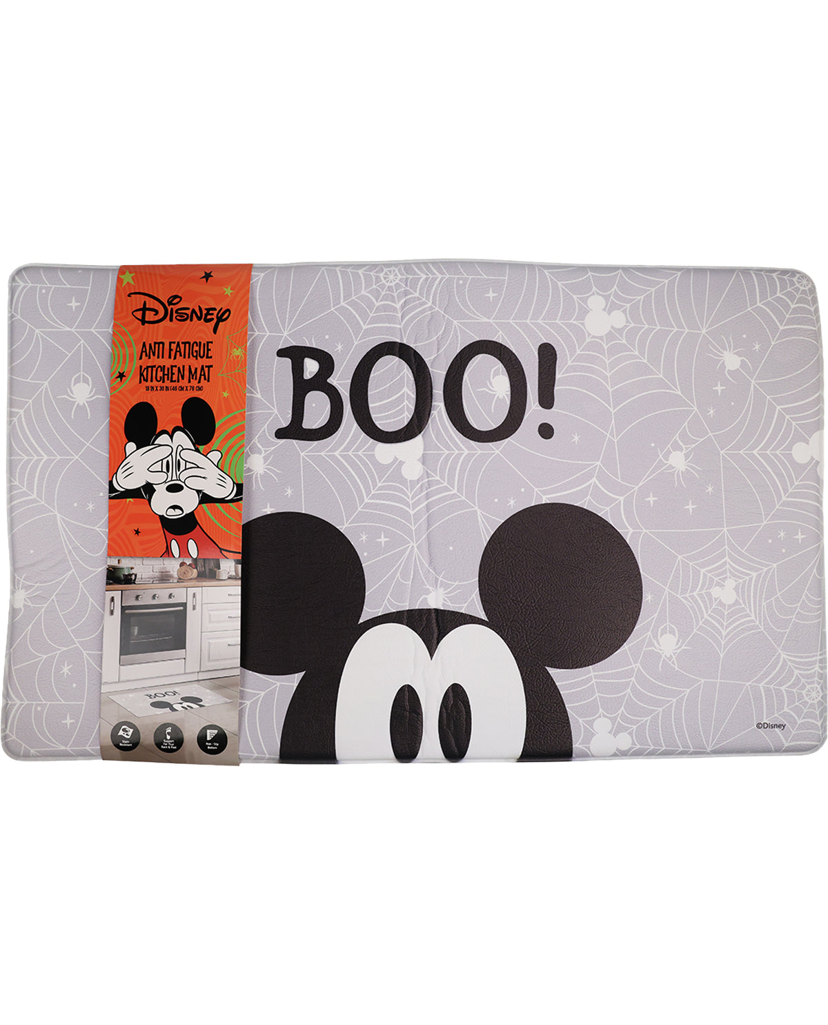 Disney anti-fatigue kitchen mat with Mickey Mouse design and 'BOO!' text on a white background