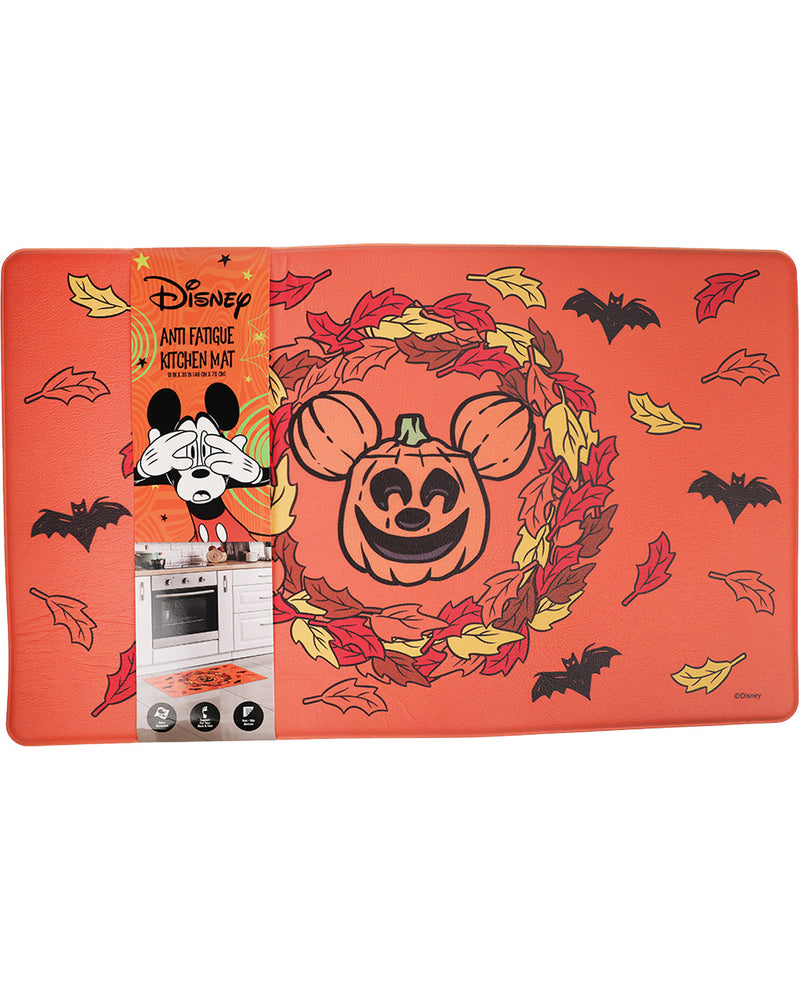 Halloween-themed kitchen mat with Mickey Mouse design on an orange background