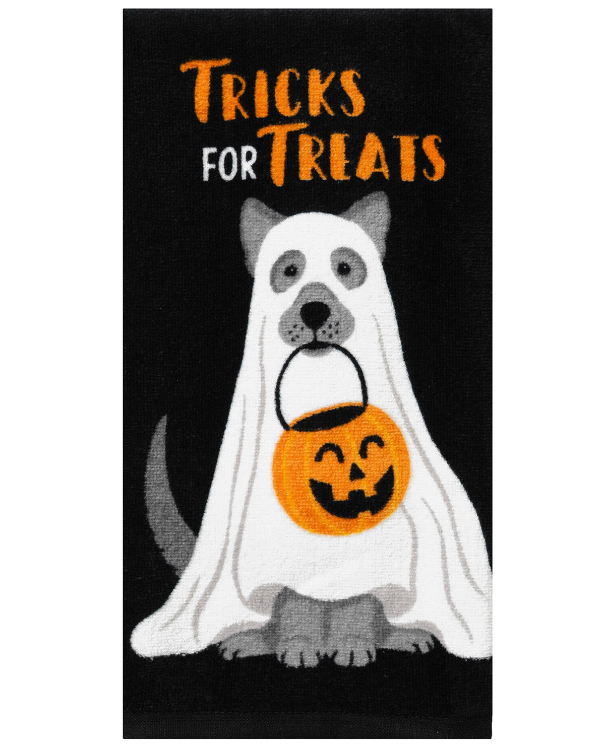 A rectangular black rug or mat featuring a stylized cat dressed as a ghost in white, holding an orange jack-o'-lantern bucket. The words 'TRICKS FOR TREATS' appear at the top in orange and white.