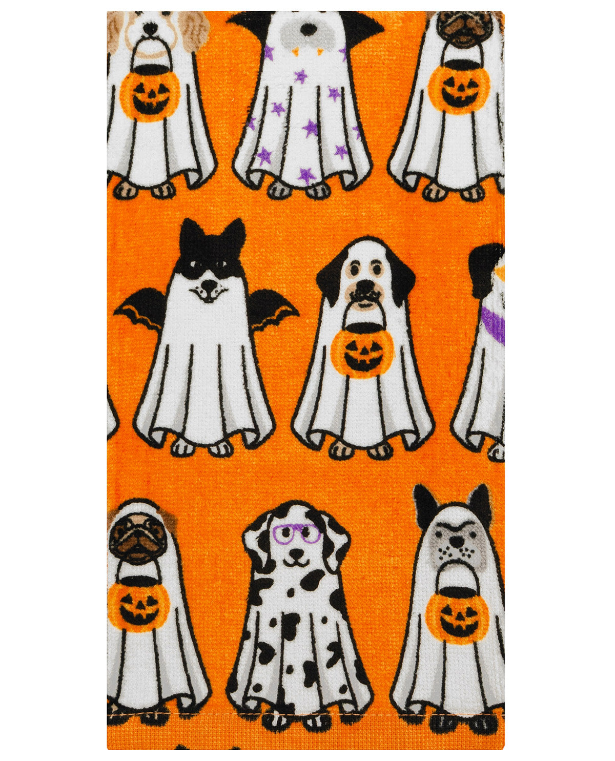 A close-up of a fabric or textile print featuring cartoon dogs dressed as ghosts in white robes with orange pumpkin buckets, set against a bright orange background.