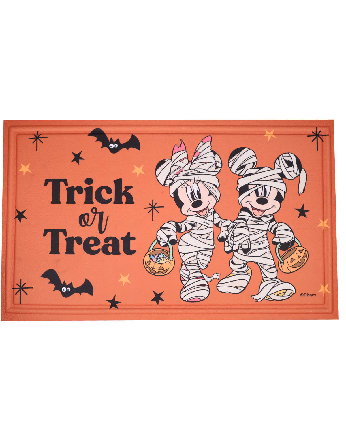 An orange rectangular doormat featuring a Halloween design with the words 'Trick or Treat' in black, cartoon Mickey and Minnie Mouse dressed as mummies, black bats, black stars, and small yellow stars.
