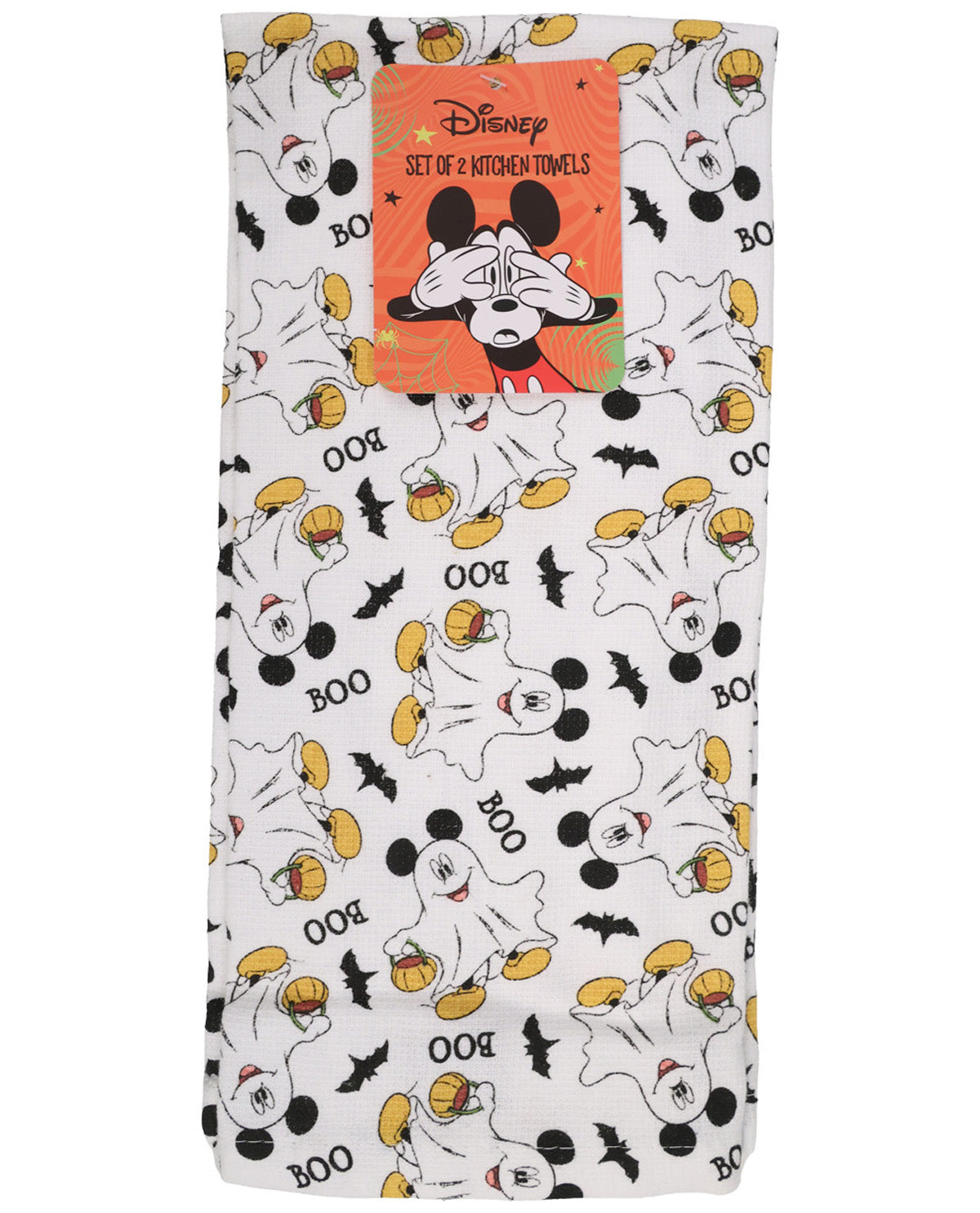 A folded set of Disney kitchen towels featuring a Halloween print with Mickey Mouse, ghosts, bats, and the word 'BOO' on a white background, with an orange paper label at the top.