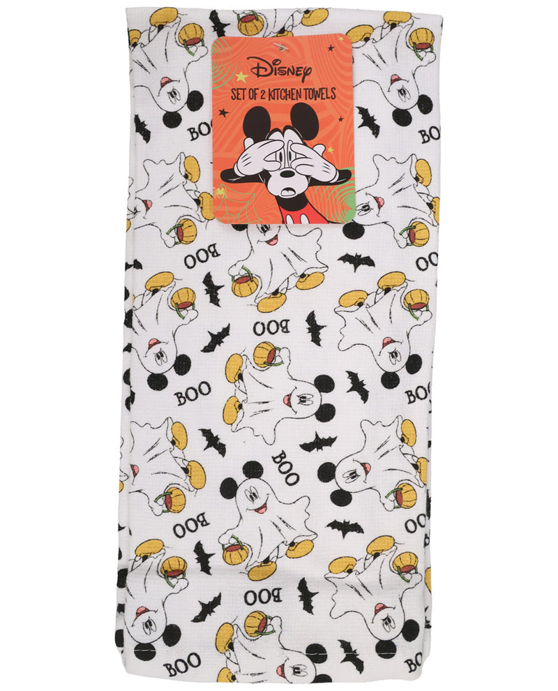 A folded set of Disney kitchen towels featuring a Halloween print with Mickey Mouse, ghosts, bats, and the word 'BOO' on a white background, with an orange paper label at the top.