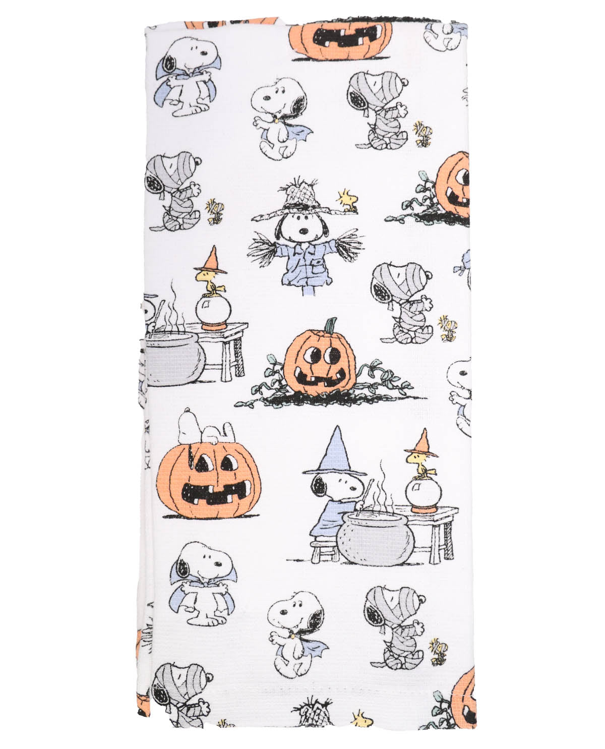 Halloween-themed fabric with cartoon characters and pumpkins on a white background