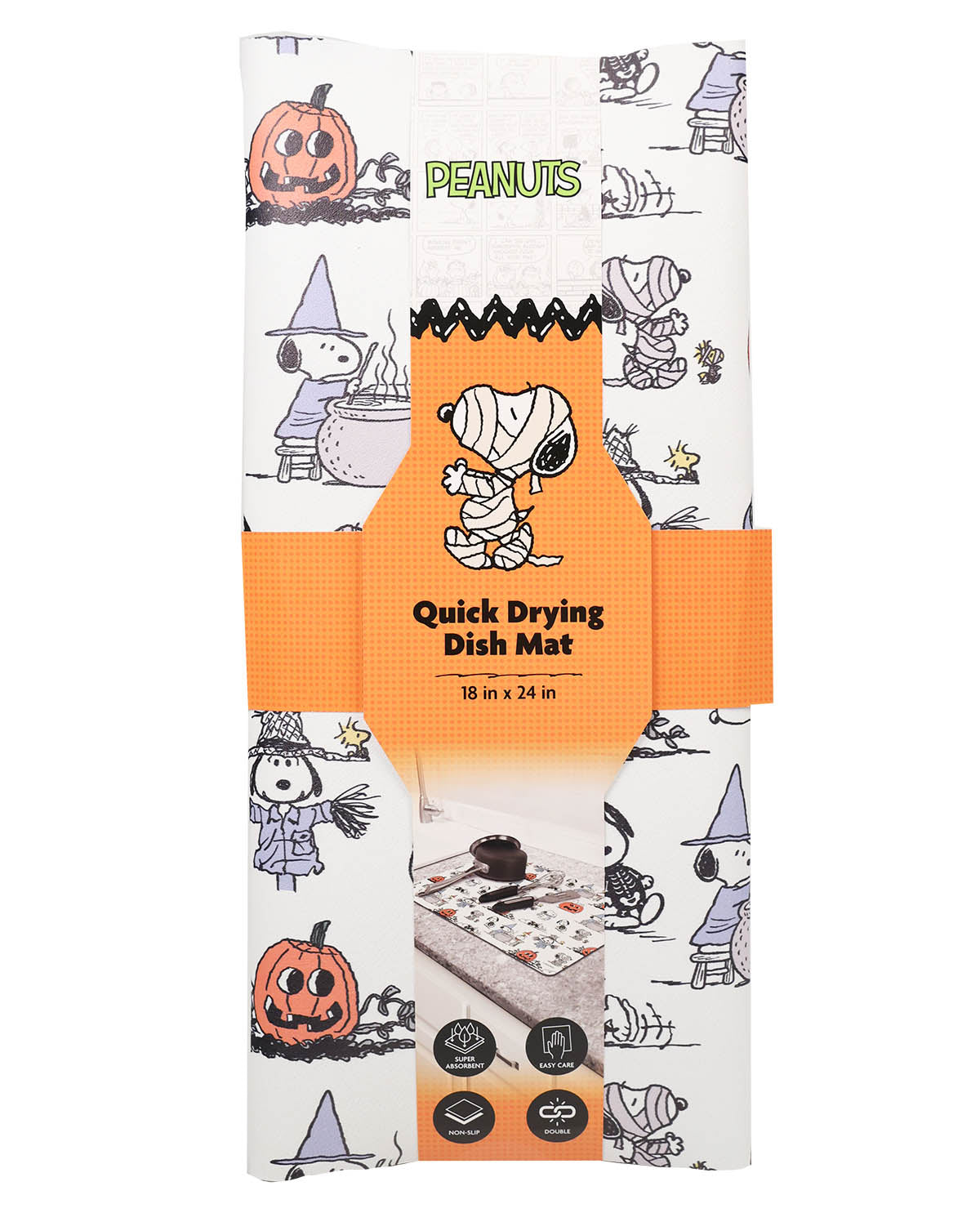 Peanuts-themed quick drying dish mat packaging with Halloween design