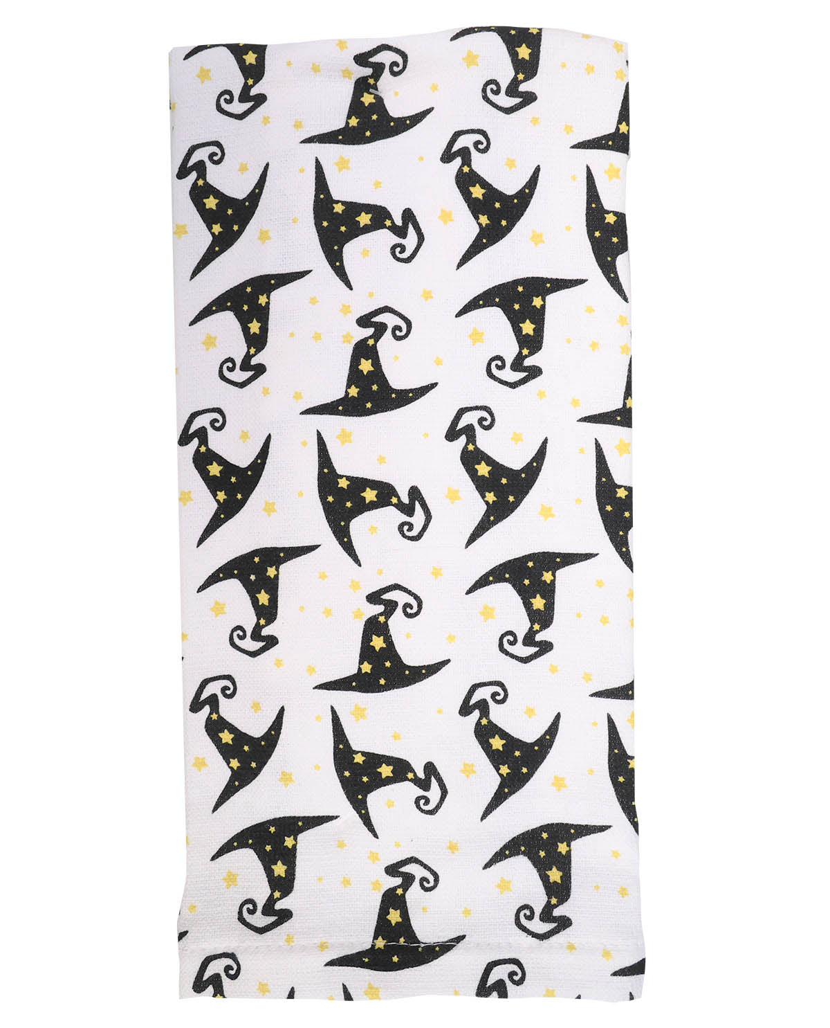 Tea towel with black witch hats and yellow stars on a white background