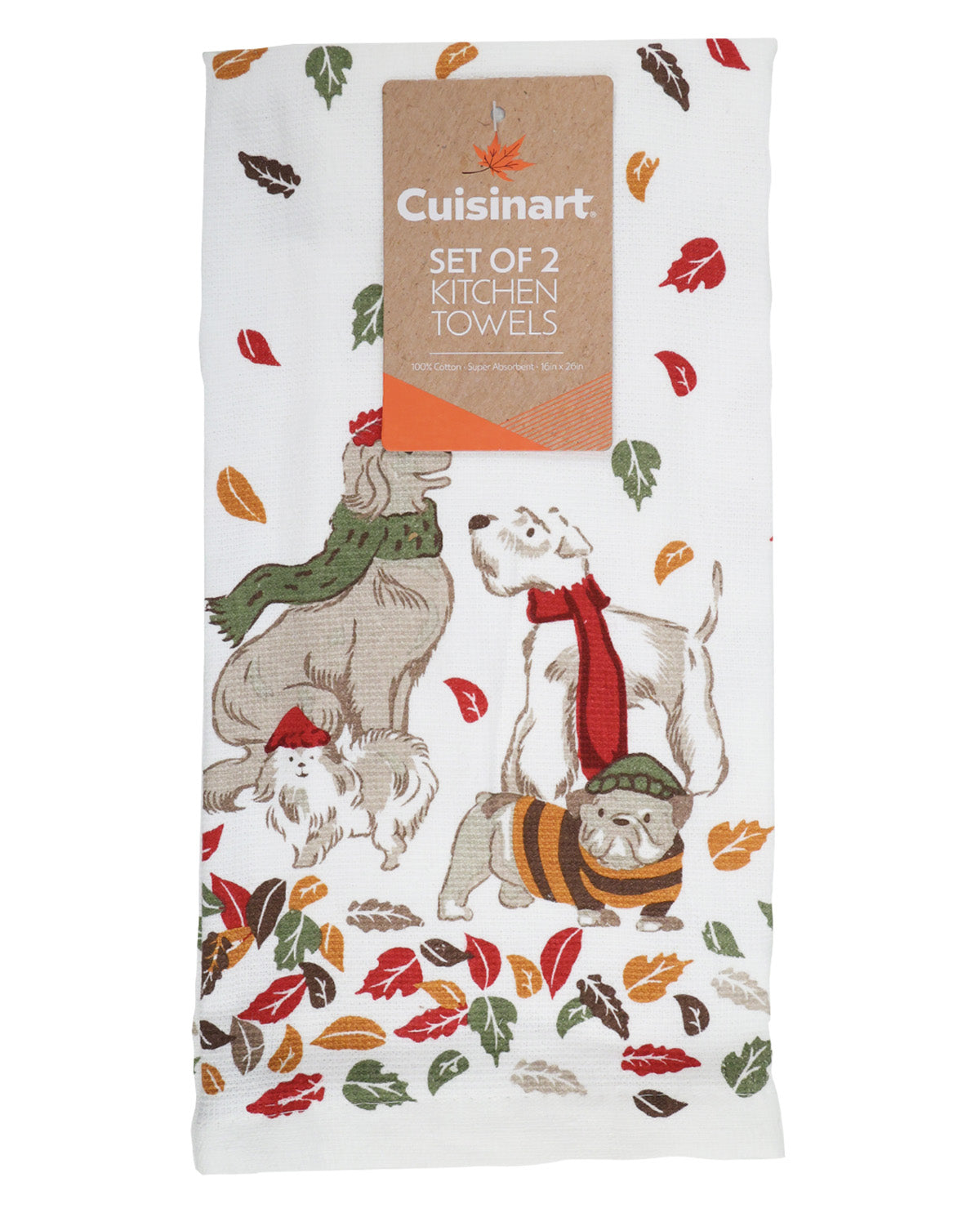 A package of Cuisinart Set of 2 Kitchen Towels, featuring a white towel printed with autumn leaves and four dogs wearing colorful scarves and sweaters.