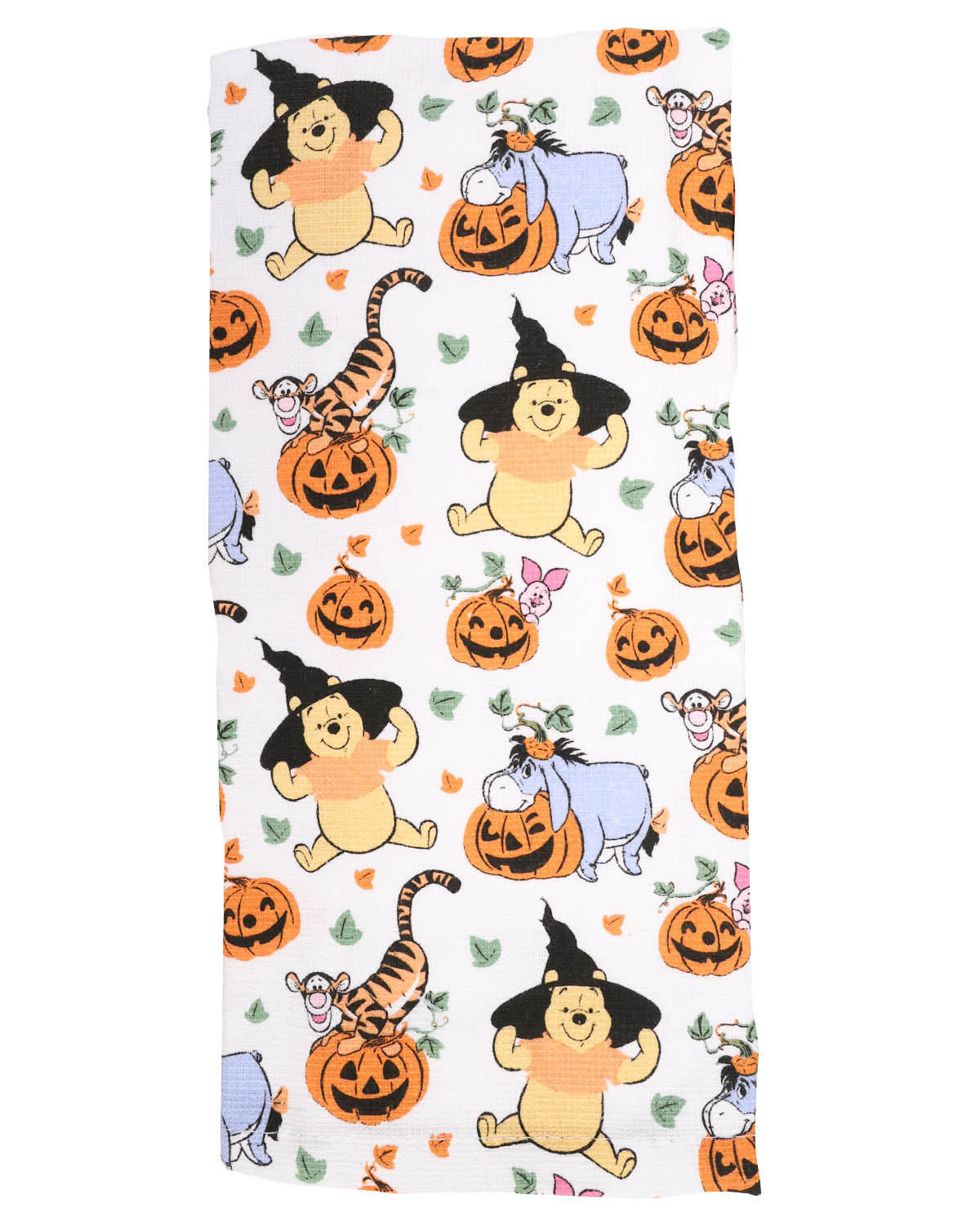 Halloween-themed fabric with cartoon characters and pumpkins on a white background