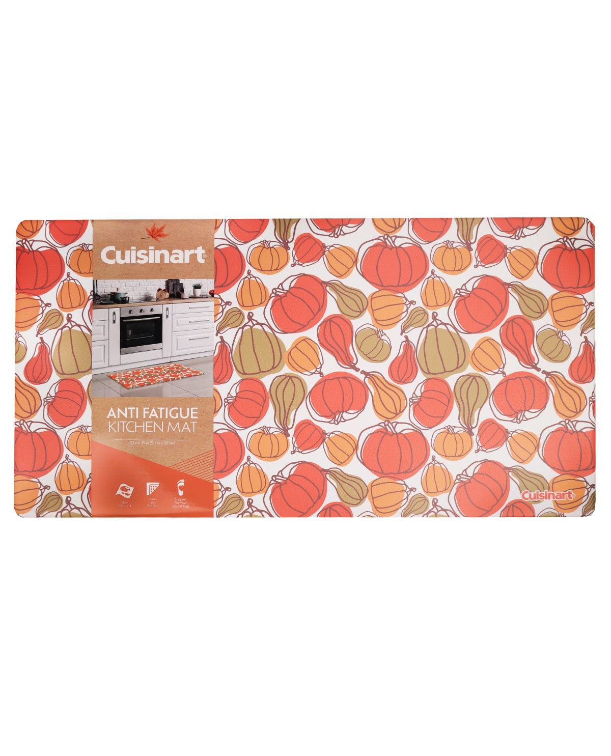 Cuisinart anti-fatigue kitchen mat featuring a colorful pattern of orange, red, and beige pumpkins and gourds on a white background, with a small kitchen scene graphic and product details printed on the left side.