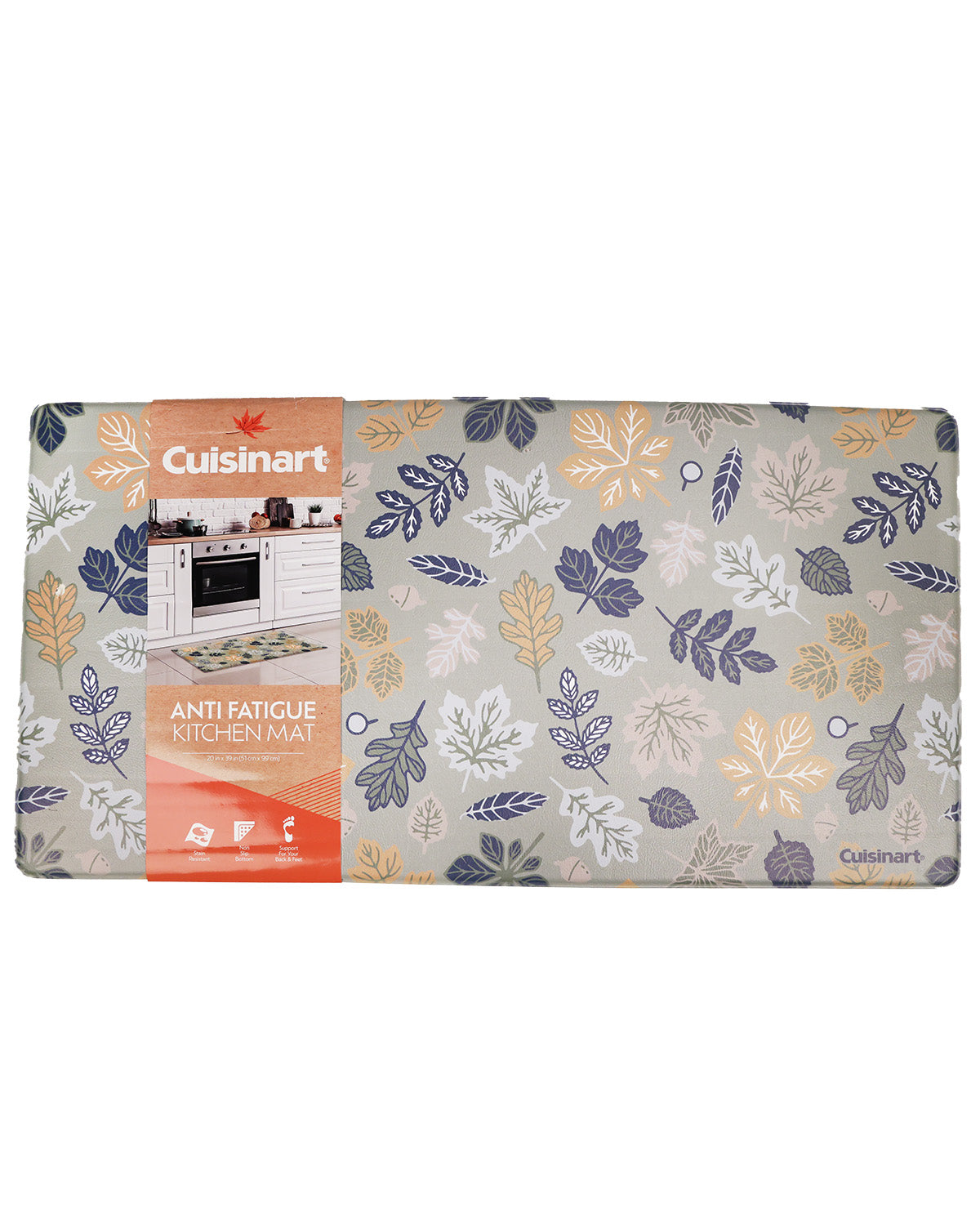Cuisinart Anti Fatigue Kitchen Mat with a gray background and a pattern of blue, orange, and white leaves, wrapped in a white and orange paper band.