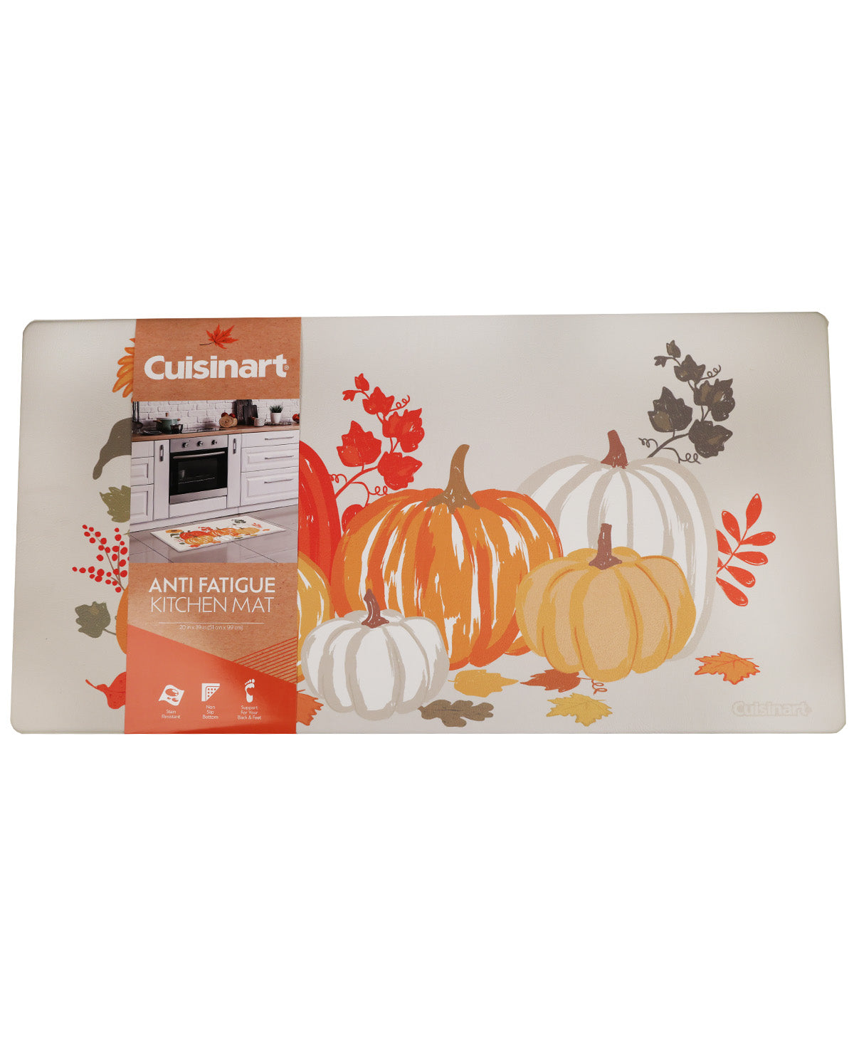 Cuisinart anti-fatigue kitchen mat with a fall harvest design featuring orange and white pumpkins, autumn leaves, and a product information panel on the left side.