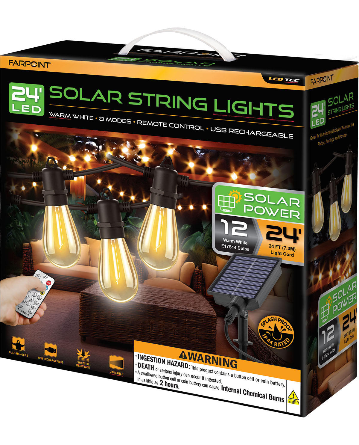 24ft 12 Bulb Solar/USB-C String Lights