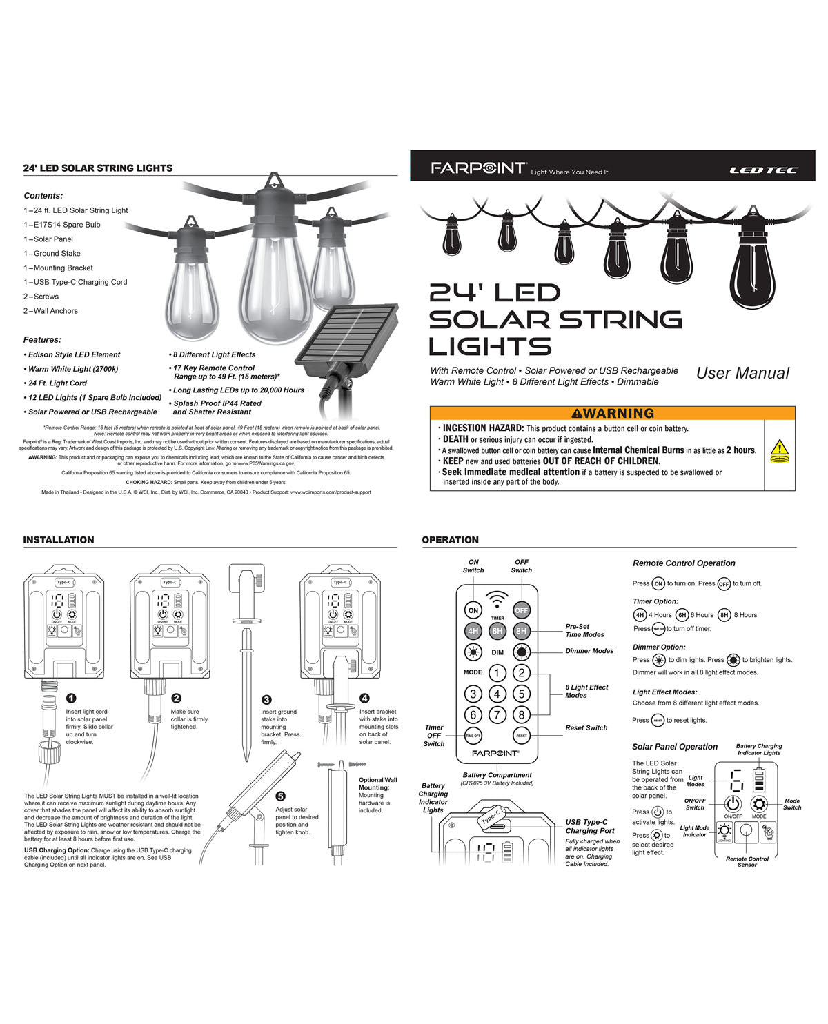 24ft 12 Bulb Solar/USB-C String Lights