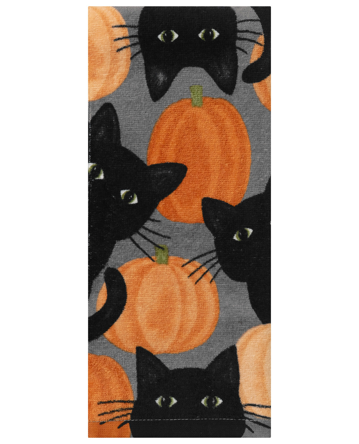 A rectangular area rug featuring a repeating pattern of black cat heads and orange pumpkins on a gray background, shown flat against a white backdrop.