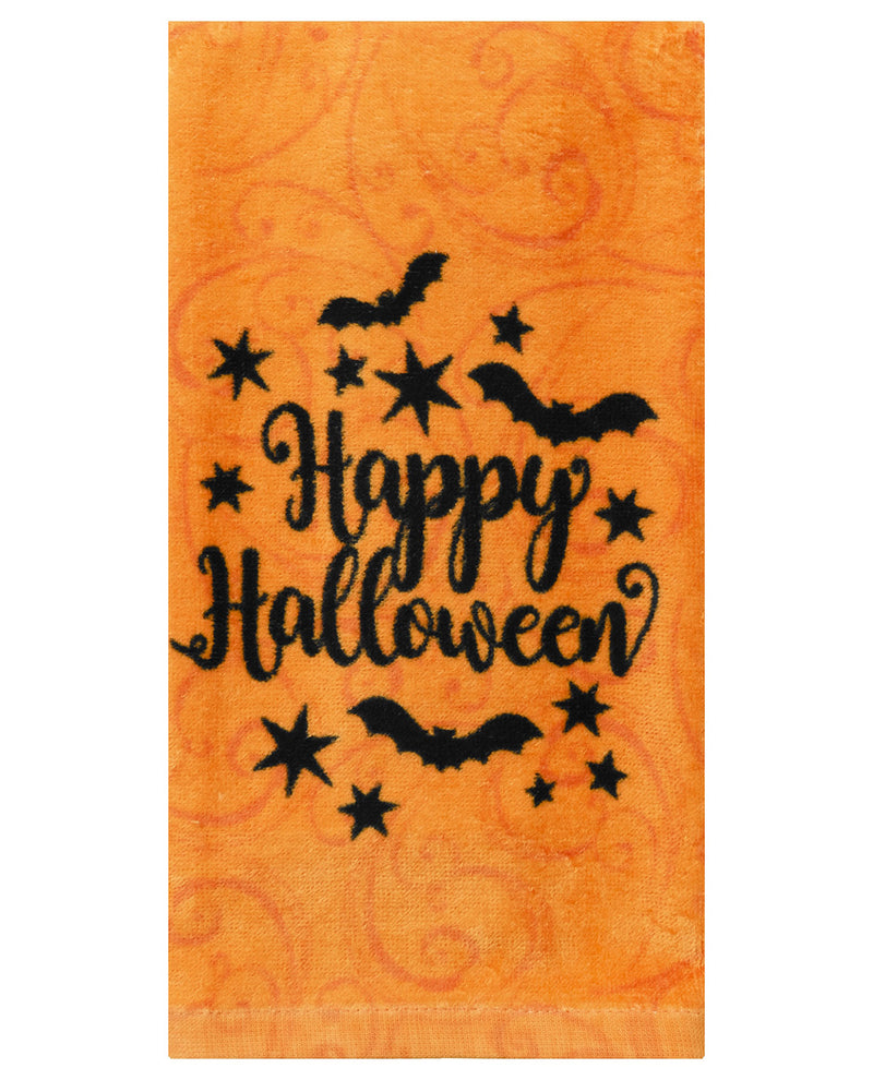 An orange Halloween-themed towel featuring the words 'Happy Halloween' in black script, surrounded by black bats, stars, and subtle orange swirl patterns.