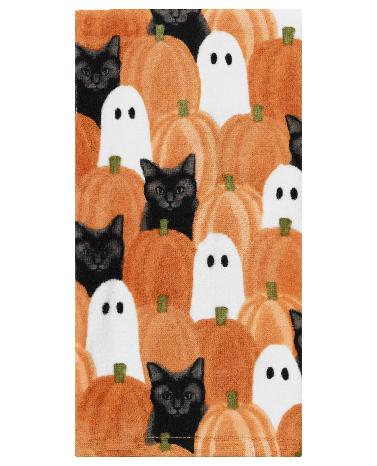 A rectangular towel featuring a repeating Halloween pattern of orange pumpkins, white ghosts, and black cats, shown flat against a white background.