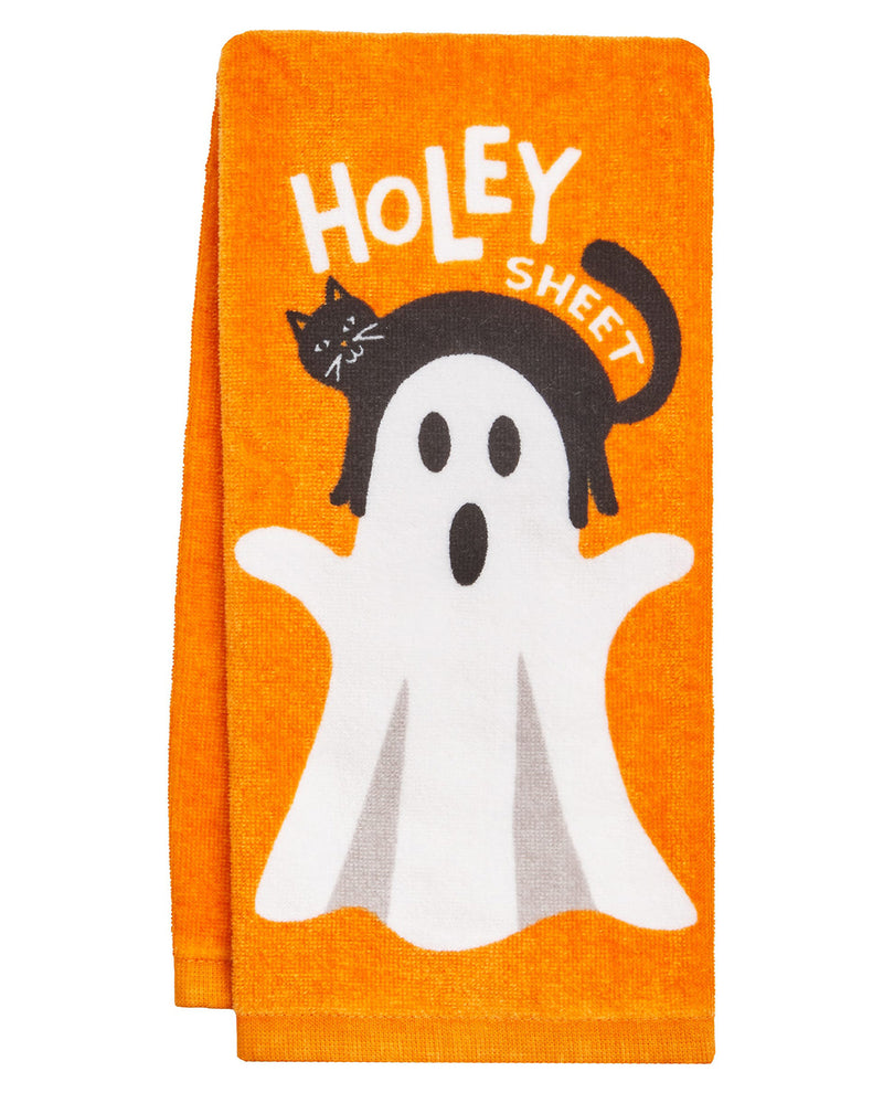 An orange Halloween-themed towel featuring a white ghost with a black cat on its head and the words 'HOLEY SHEET' in white and black.