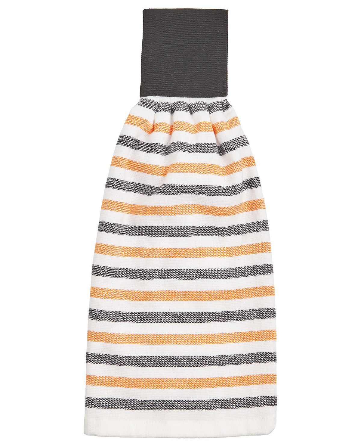A striped kitchen towel with horizontal bands of white, orange, and dark gray, featuring a solid dark gray top loop.