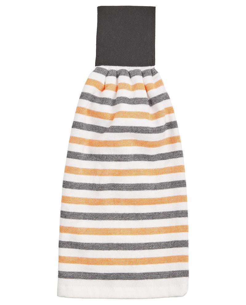 A striped kitchen towel with horizontal bands of white, orange, and dark gray, featuring a solid dark gray top loop.