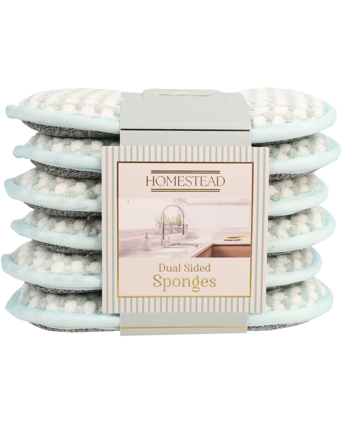 Pack of Homestead dual-sided sponges on a white background