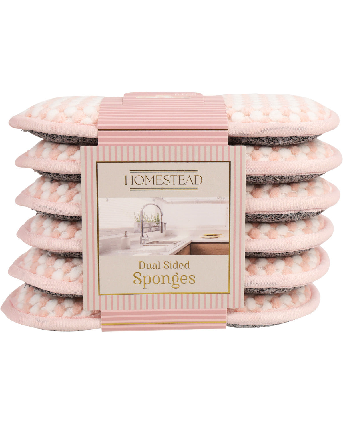 Stack of dual-sided sponges with pink packaging on a white background