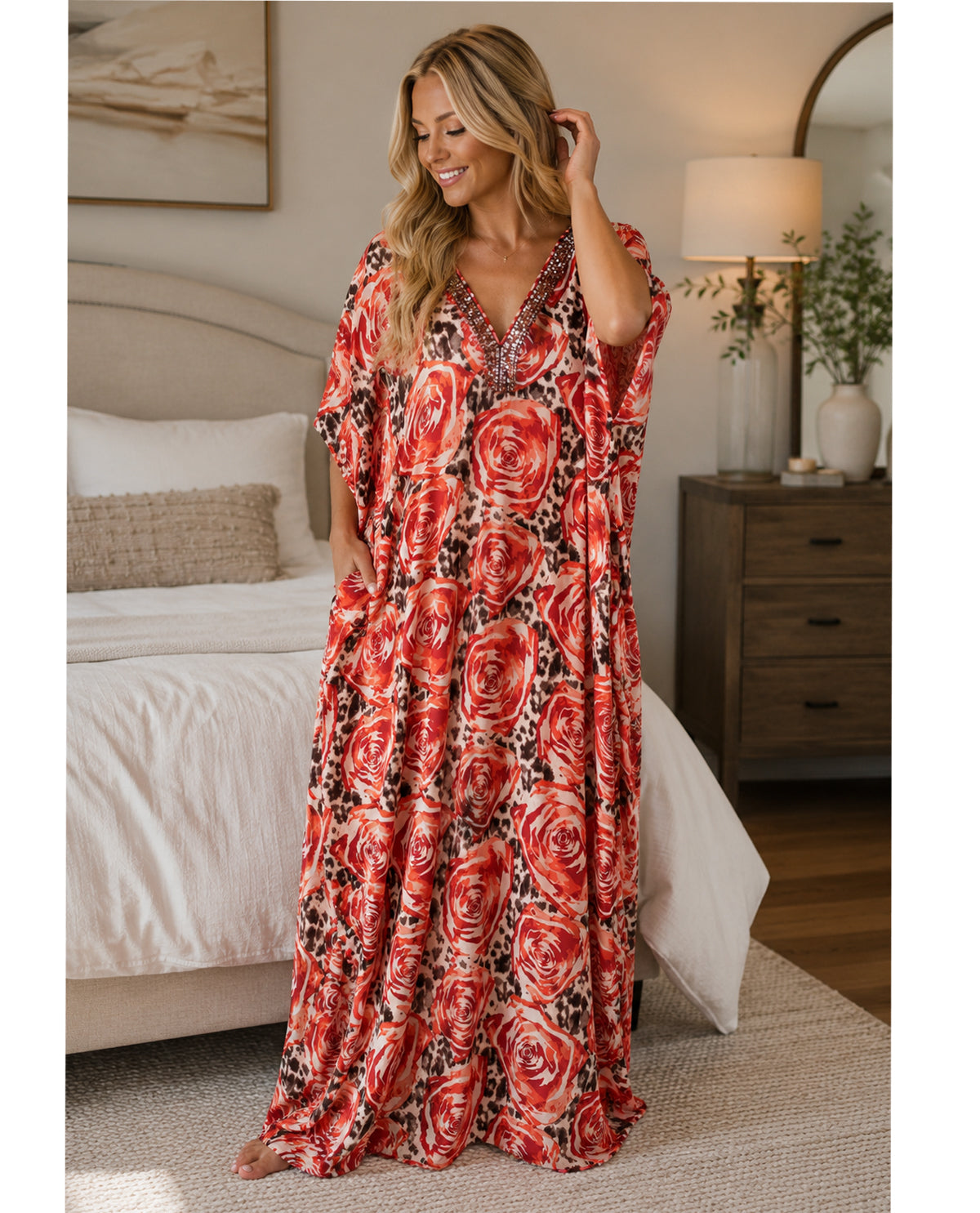 Elegant Emily Short Sequin Neck Caftan Red Roses