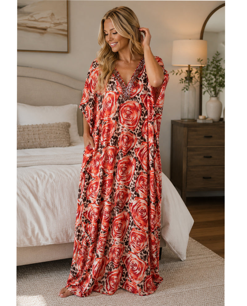 Elegant Emily Short Sequin Neck Caftan Red Roses