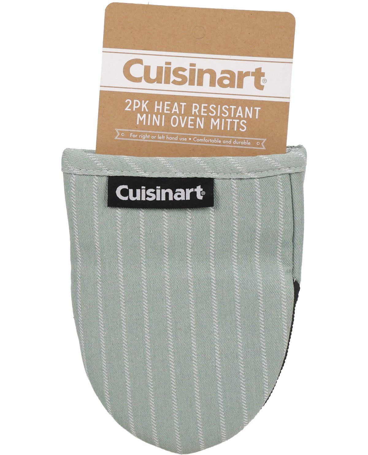 A Cuisinart heat resistant mini oven mitt in a pale sage green color with a subtle white textured stripe pattern, shown with its brown cardboard packaging header card.
