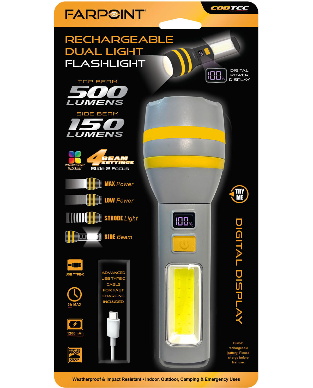 500LM/150LM Dual Light,Digital Display Flashlight
