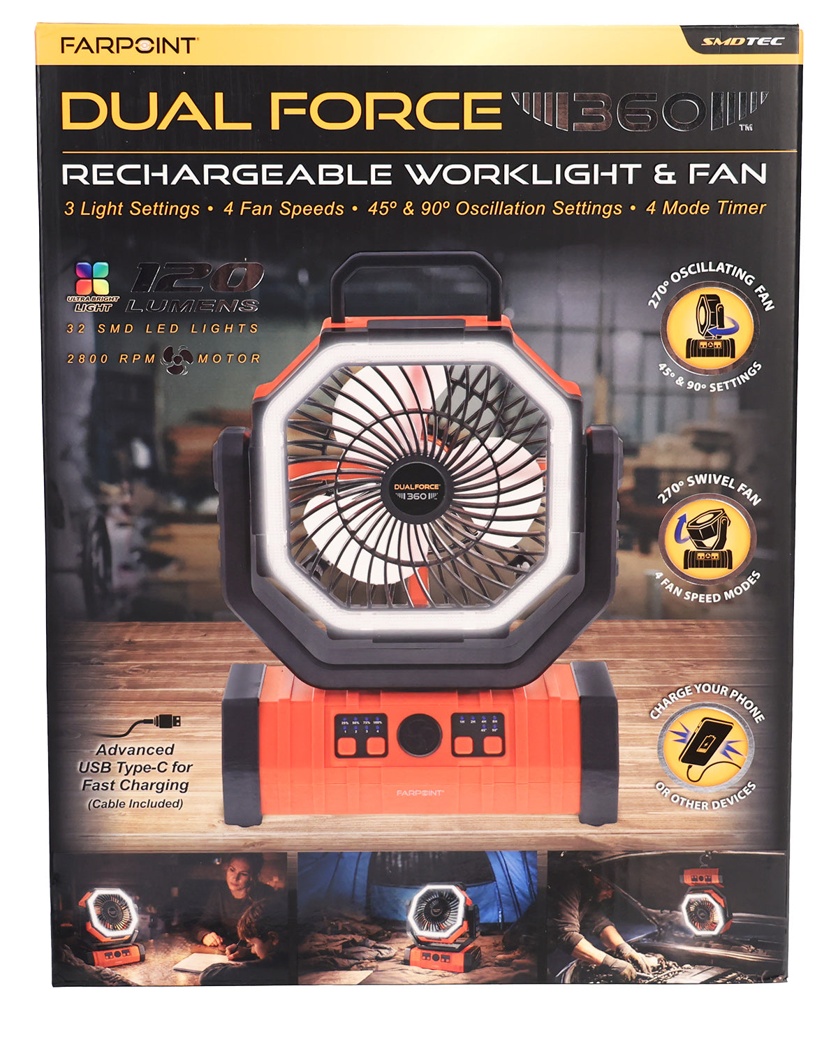 Dual Force 360, Rechangeable Fan/Worklight 120LM